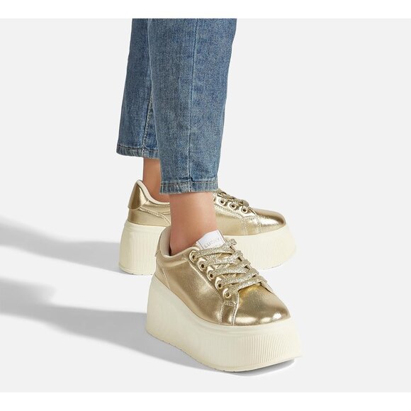 Brand New Women Gold Rubber LUCKY STEP Platform Sneakers Wedge Retro Shoes - Picture 6 of 9